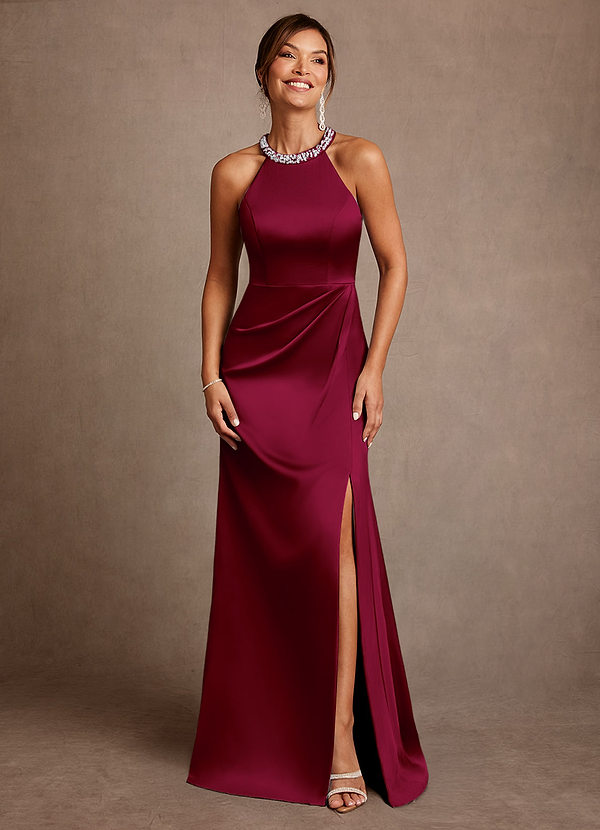Azazie Lawrence Mother of the Brides Dresses Burgundy A-Line Pleated Stretch Satin Dress image1