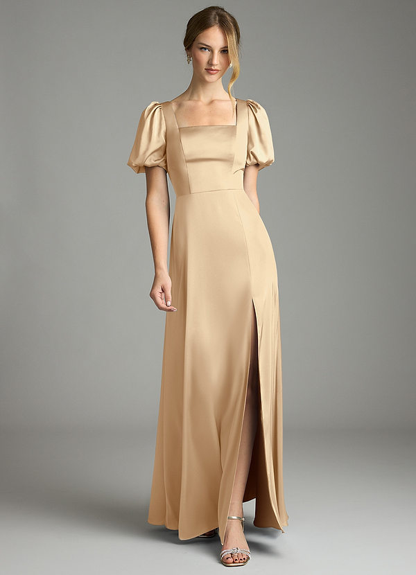 Azazie Fyona Bruidsmeisjes Jurken Jurk van Stretch Satijn met A-Lijn Geplooid Champagne image1