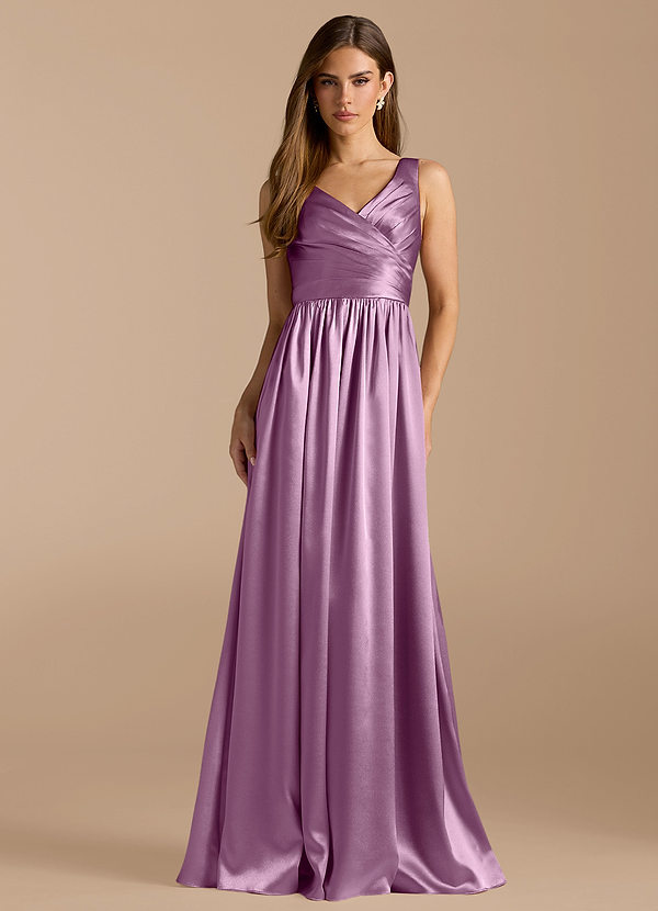 Azazie Keyla Brautjungfernkleider A-Linie Plissee Metallischer Satin Kleid Blauregen image1