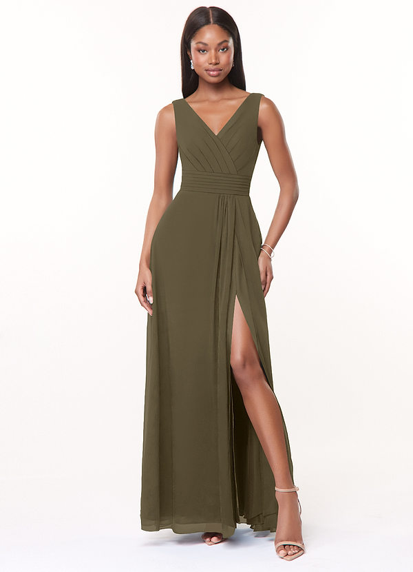 Azazie Karina Bridesmaid Dresses Willow Green A-Line Pleated Chiffon Dress image1