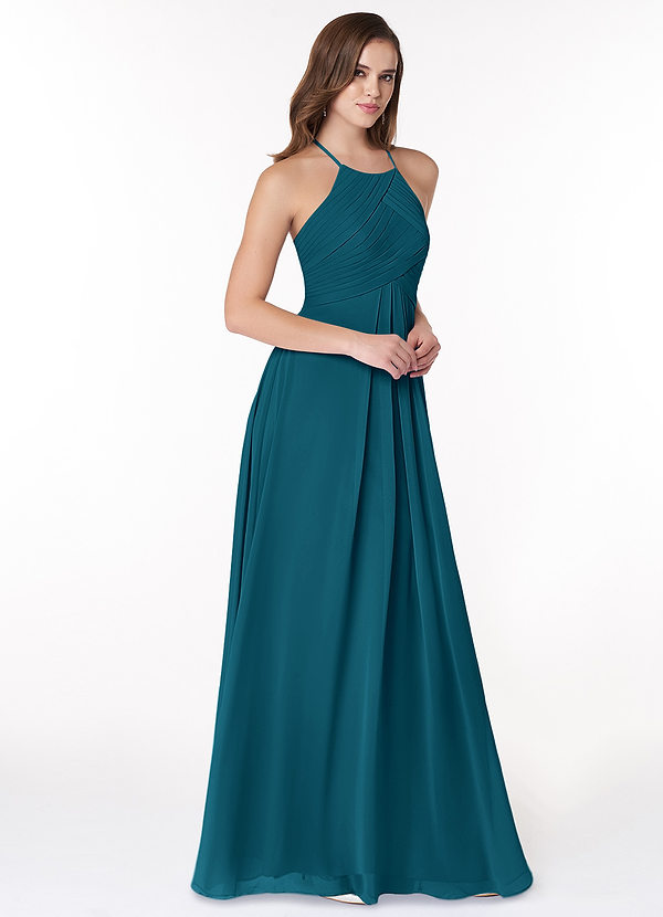 Azazie Ginger Abiti da Damigella Abito A-Line in Chiffon con Scollo Halter a Pieghe Blu Inchiostro image1
