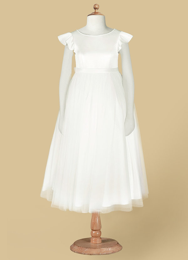 Azazie Aster Flower Girl Dresses A-Line Tulle Tea-Length Dress with Sleeves image1