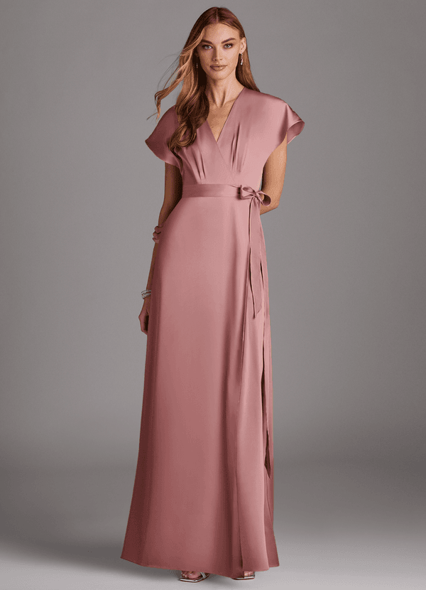 Azazie Nico Bridesmaid Dresses Dusty Rose A-Line V-Neck Stretch Satin Dress image1