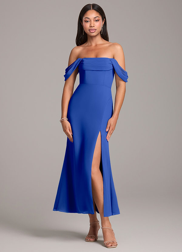 Azazie Saige Robes Demoiselle d'honneur Robe Fourreau Convertible en Mousseline de soie Épaule décolletée Bleu Roi image1