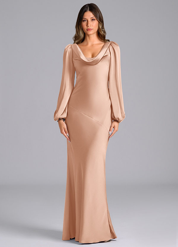 Azazie Rylina Bridesmaid Dresses Rose Gold Mermaid Long Sleeve Stretch Satin Dress image1