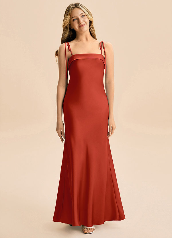 Azazie Willa Junior Rust A-Line Bow Stretch Satin Dress image1