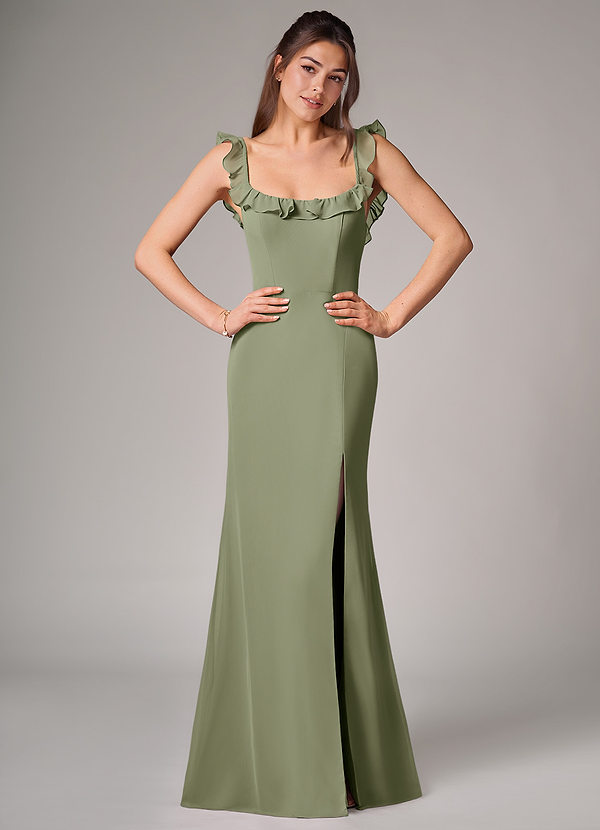 Azazie Callie Brudtärneklänningar Klä av Sjöjungfru i Chiffong Sidoslits Pistasch Konvertibel image1