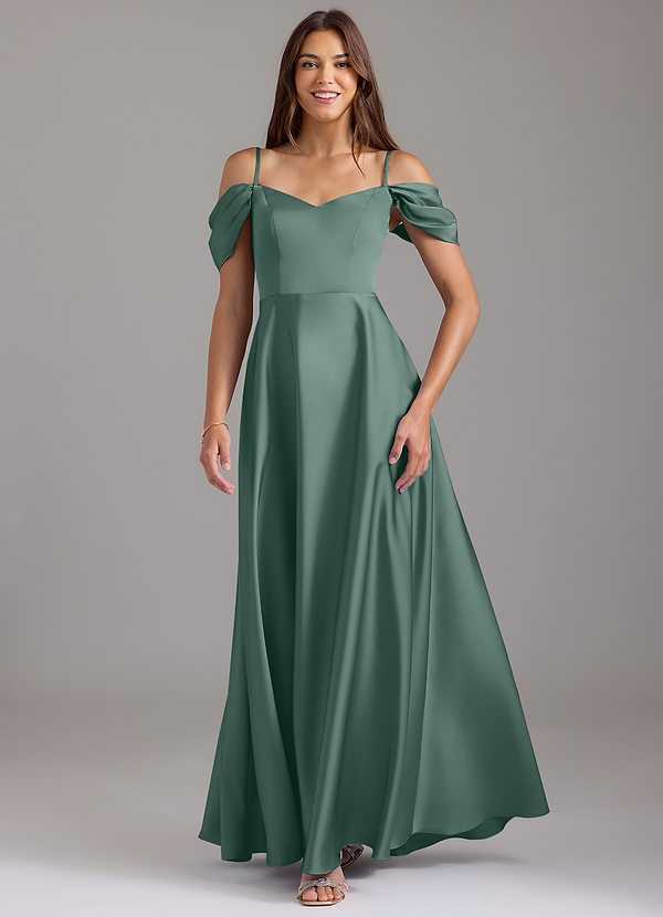 Azazie Marley Bridesmaid Dresses Eucalyptus A-Line Off the Shoulder Stretch Satin Convertible Dress image1