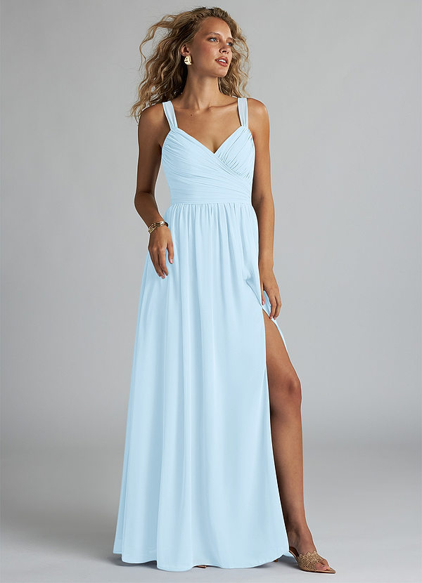Azazie Aziza Brautjungfernkleider A-Linie V-Hals Gefaltet Chiffon Kleid Himmelblau image1