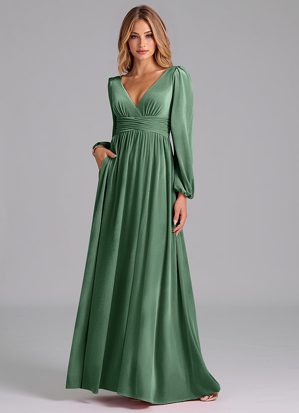 Azazie Norah Bridesmaid Dresses Eucalyptus A-Line Long Sleeve Velvet Dress image1