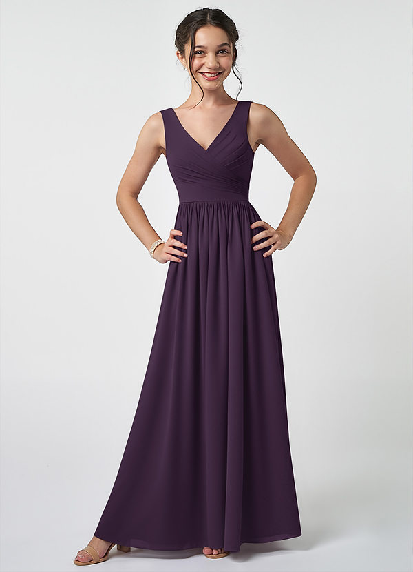 Azazie Keyla Junior Plum A-Line Pleated Chiffon Dress image1