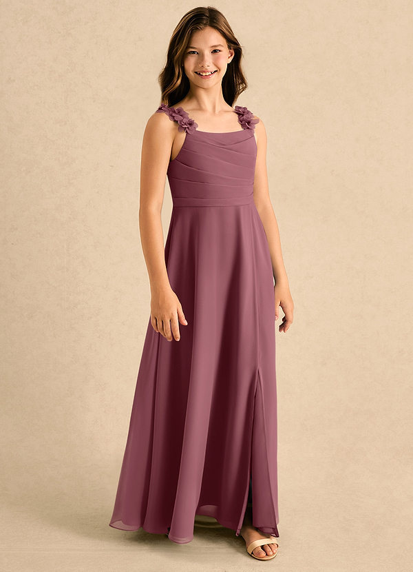 Azazie Masie Girls Formal Bloemenmeisjesjurken A-Lijn Jurk van Chiffon Geplooide Woestijnroos image1
