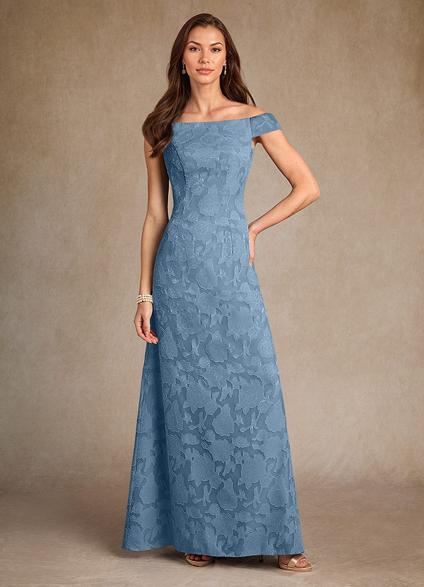 Azazie Moore Mother of the Brides Dresses Steel Blue A-Line Boatneck Floral Burnout Dress image1