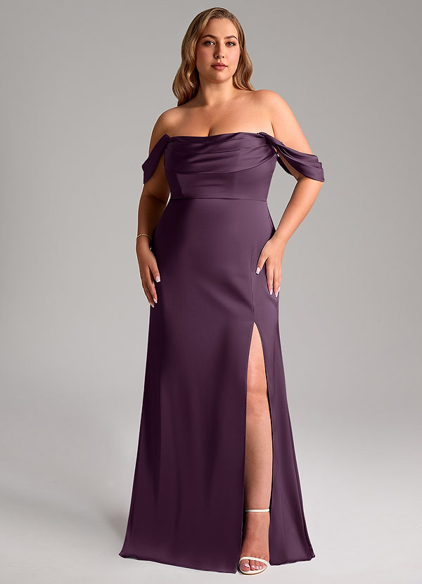 Azazie Saige Bridesmaid Dresses Plum Sheath Off the Shoulder Stretch Satin Dress image1