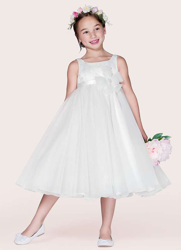 Azazie Lupine Flower Girl Dresses Diamond White Ball-Gown Sequins Matte Satin Dress image1