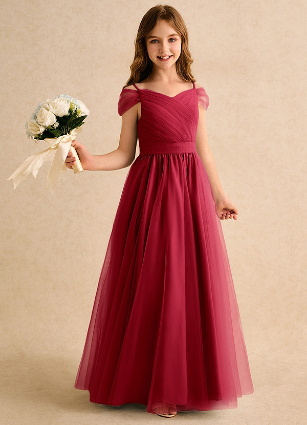 Azazie Yuna Girls Formal Abiti da Ragazza di Fiori Abito A-Line in Tulle a Spalla Scoperta Scarlatto image1