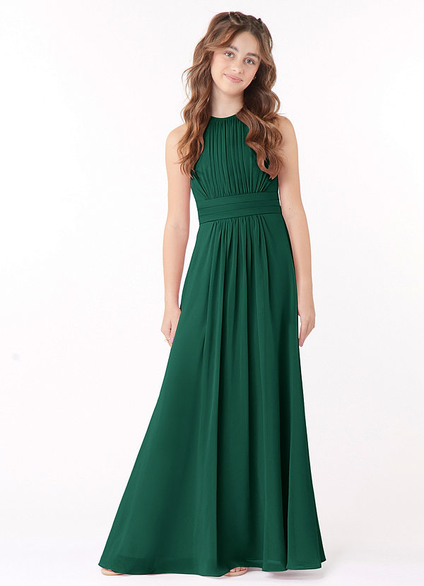 Azazie Bonnie Junior Emerald A-Line Pleated Chiffon Dress image1