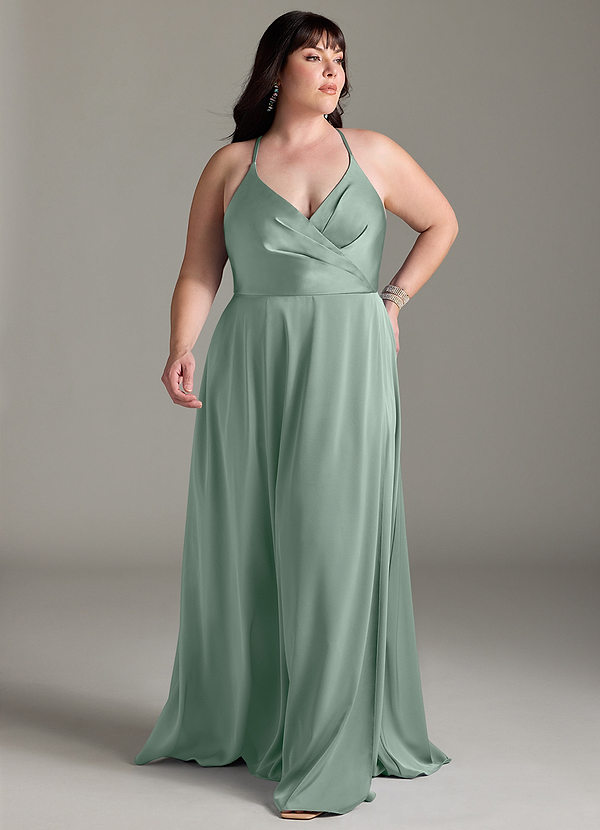 Azazie Davis Bridesmaid Dresses Agave A-Line Pleated Stretch Satin Dress image1