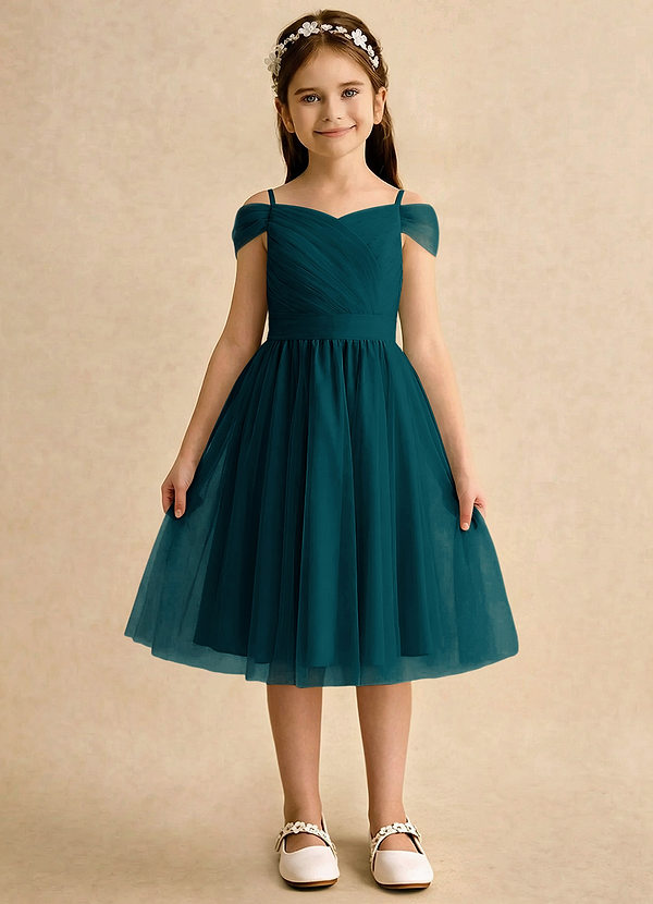 Azazie Lila Girls Formal Robes de Fillette d'Honneur Robe Trapèze en Tulle Épaule décolletée Vert Pin image1