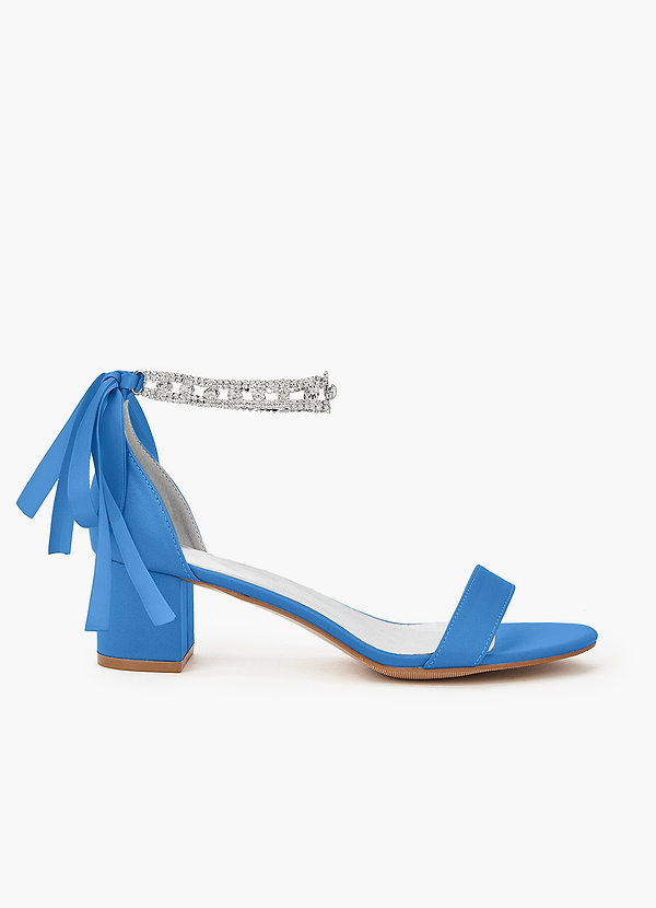 front Matching Color Matte Satin Rhinestone Strap Block Heel Sandals