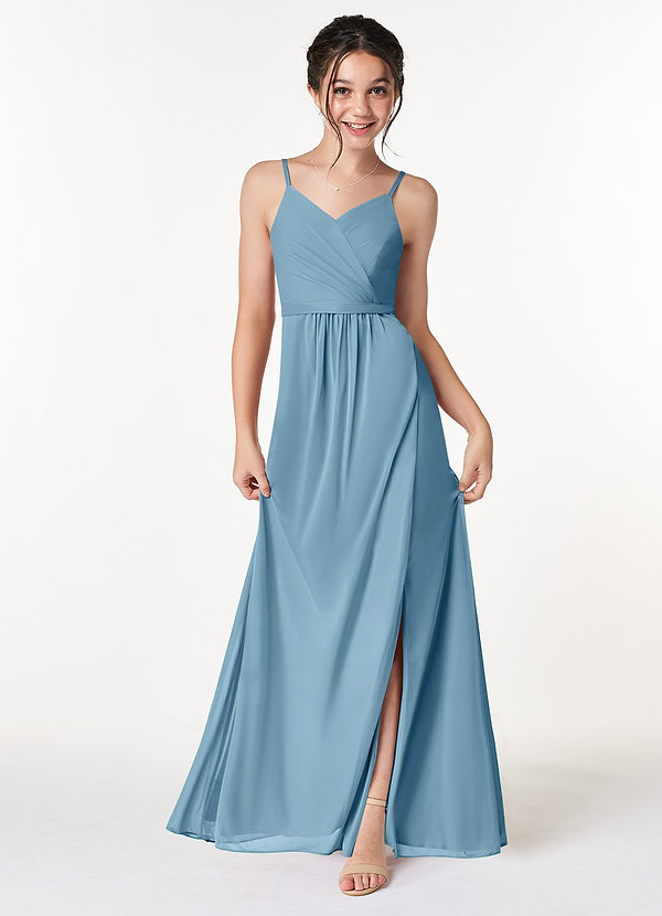 Azazie Luxy Junior Steel Blue Pleated Mesh Dress image1