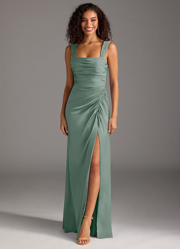 Azazie Jesaphine Bruidsmeisjes Jurken Jurk van Stretch Satijn met Kolom Boog Zilveren Salie image1