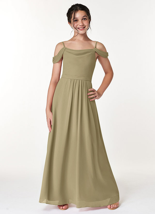 Azazie Alivia Junior Moss Green A-Line Off the Shoulder Chiffon Dress image1