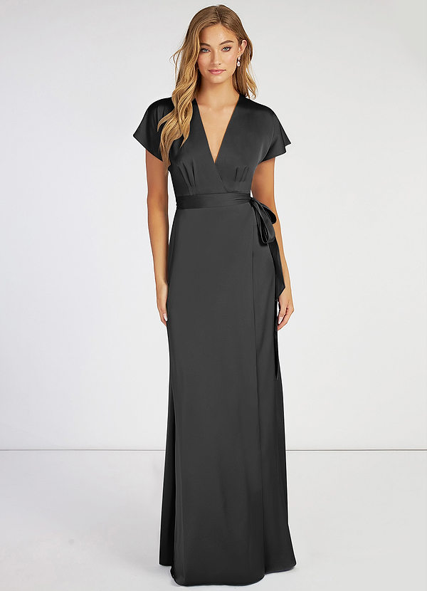 Azazie Nico Bridesmaid Dresses Black A-Line V-Neck Stretch Satin Dress image1