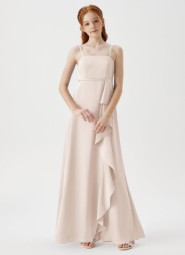 Azazie Kaylee Junior Robe Trapèze en Satin extensible avec ceinture Albâtre Blanc image1