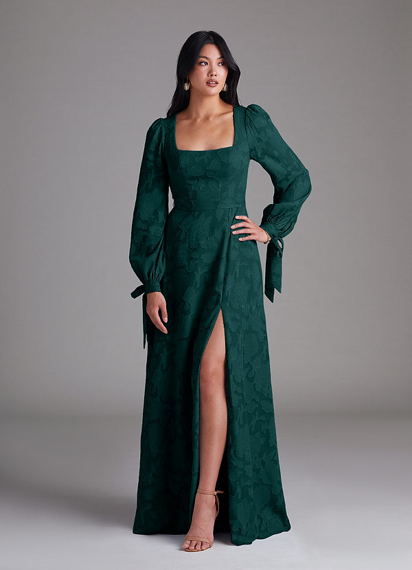 Azazie Leonia Bridesmaid Dresses Pine A-Line Long Sleeve Floral Burnout Dress image1