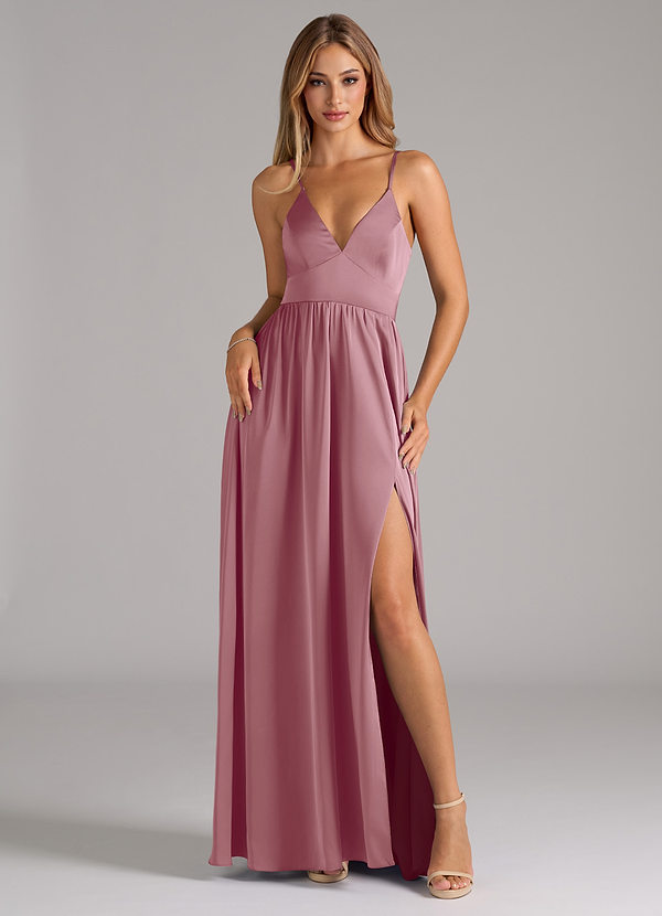 Azazie Aaida Bridesmaid Dresses Vintage Mauve A-Line Corset Stretch Satin Dress image1