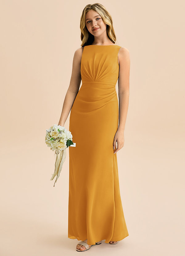 Azazie Floris Junior Robe Trapèze en Mousseline de soie Plissée Caramel écossais image1