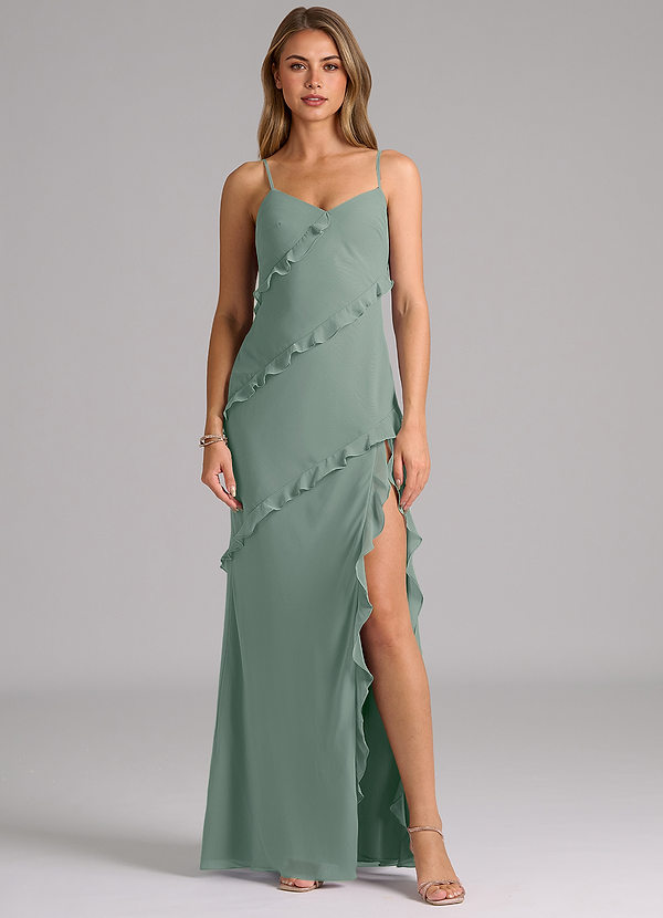 Azazie Nancie Vestidos de dama de honor Vestido Salvia Plateada de Gasa de Corte Sirena con Drapeado image1