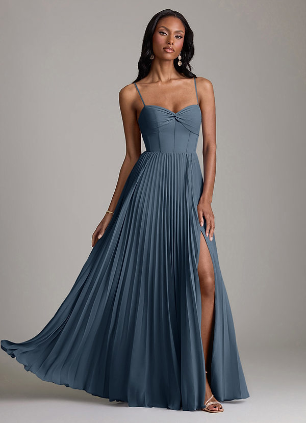 Azazie Akiko Abiti da Damigella Abito A-Line in Chiffon Scollo a Cuore Blu Nettuno image1