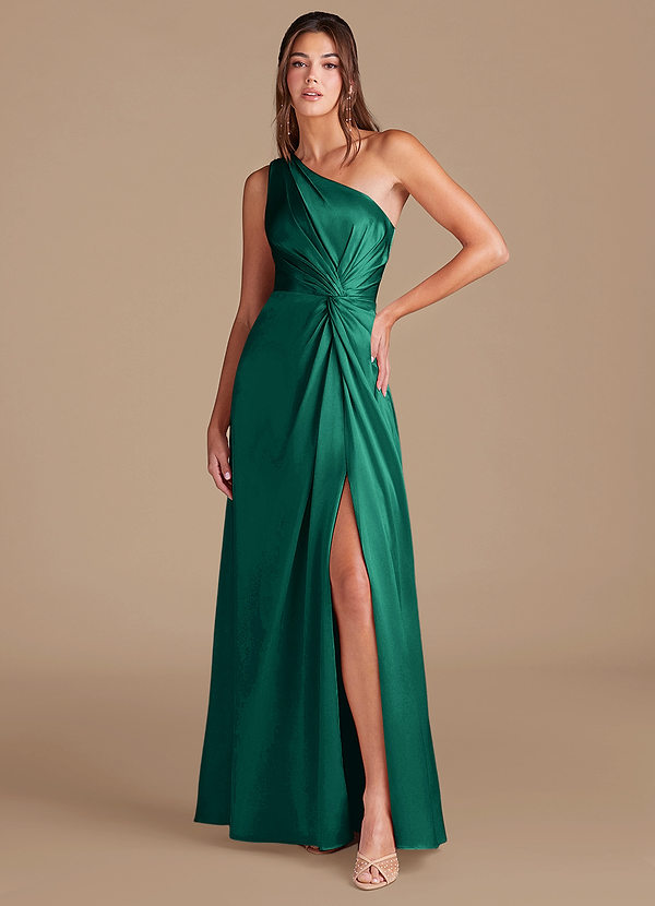 Azazie Brooke Bridesmaid Dresses Emerald A-Line One Shoulder Metallic Satin Dress image1