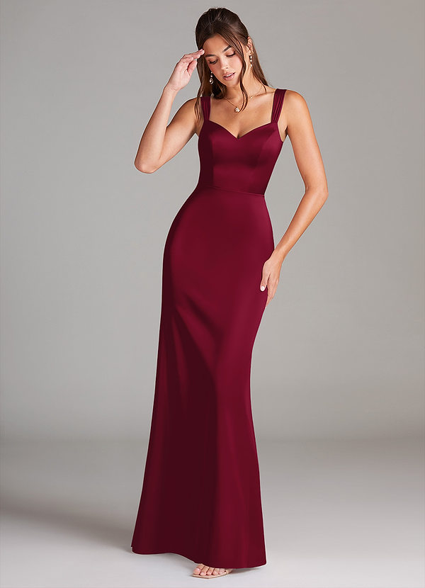 Azazie Denice Bridesmaid Dresses Burgundy Sheath Pleated Stretch Satin Dress image1
