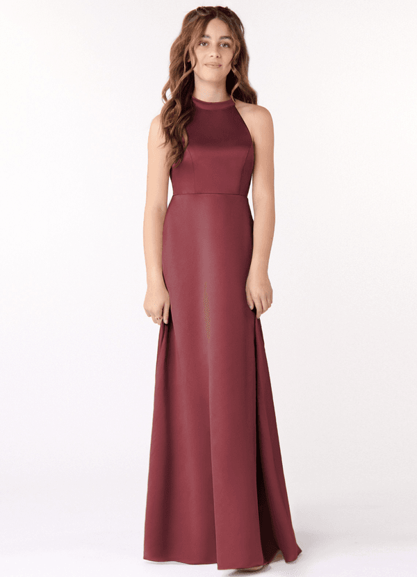 Azazie Laurel Junior Merlot A-Line Stretch Satin Dress image1