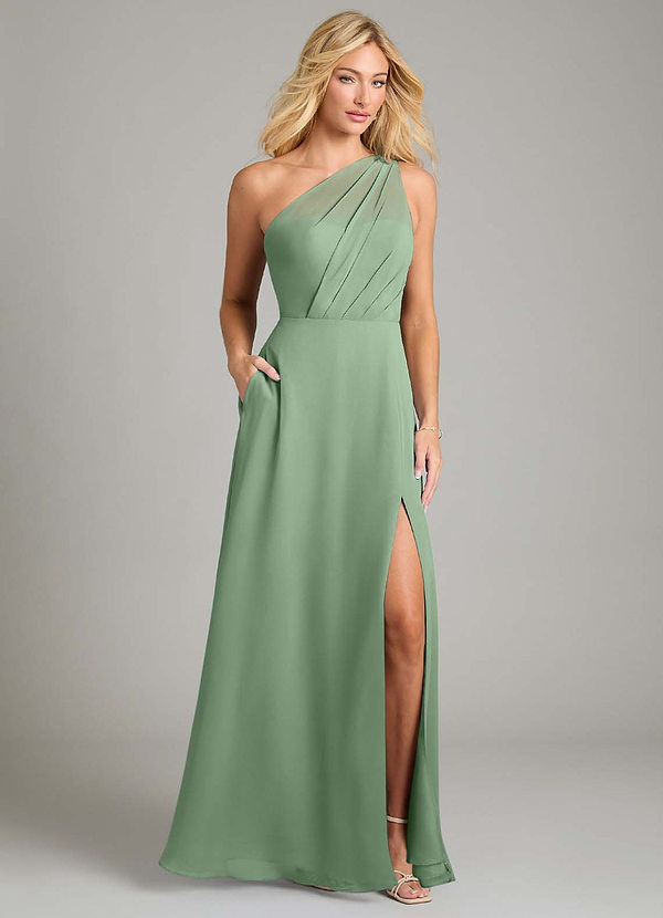 Azazie Phaedra Bridesmaid Dresses Matcha A-Line One Shoulder Chiffon Dress image1