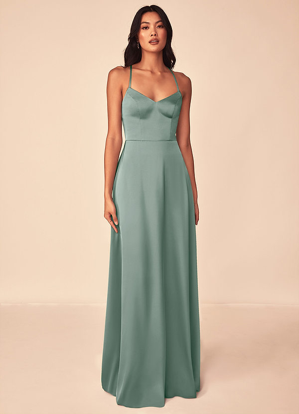 Azazie Mei Bridesmaid Dresses Silver Sage A-Line V-Neck Stretch Satin Dress image1