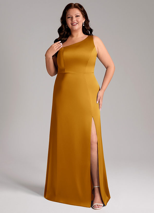 Azazie Phaedra Bridesmaid Dresses Butterscotch A-Line One Shoulder Stretch Satin Dress image1
