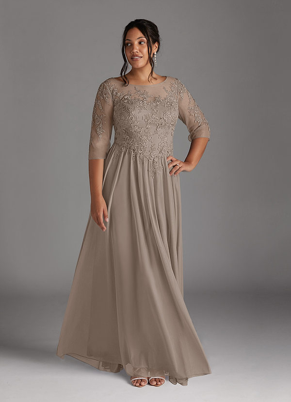 Azazie Harriet Mother of the Brides Dresses Taupe A-Line Scoop lace Mesh Dress image1