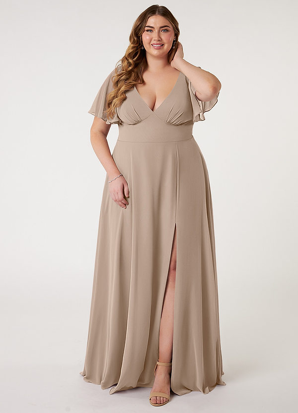 Azazie Kimber Bridesmaid Dresses Taupe A-Line Flounce Sleeve Chiffon Dress image1