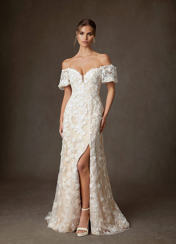 Azazie Vivienne Wedding Dresses Diamond White Champagne A-Line Sweetheart Lace Dress image1