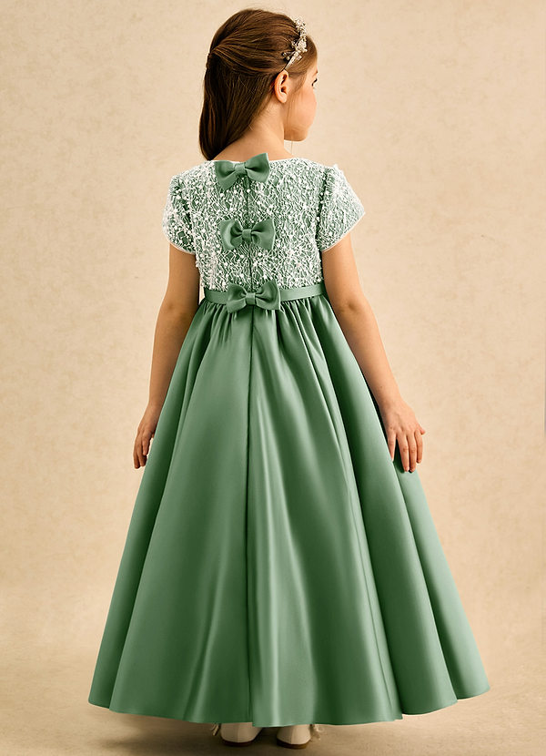 Azazie Cashew Flower Girl Dresses Matcha Ball-Gown with Sleeves Matte Satin Dress image1