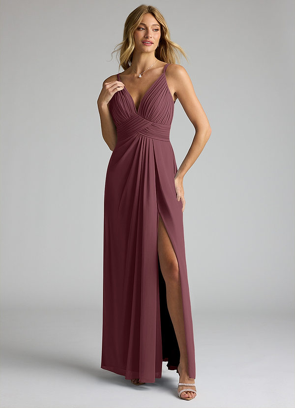 Azazie Maren Allure Robes Demoiselle d'honneur Robe Trapèze en Mousseline de soie Col V dentelle Sangria image1