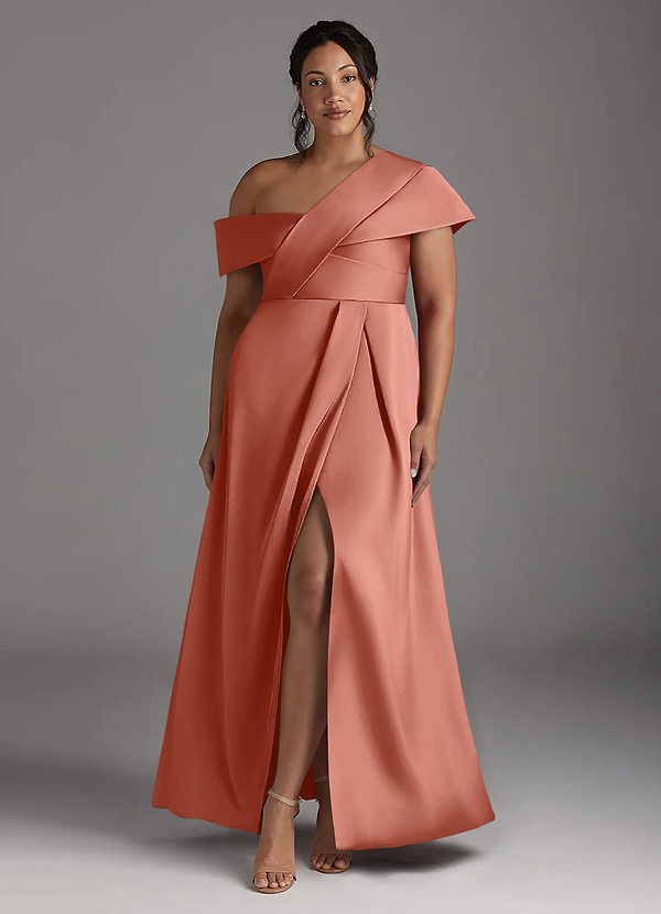 Azazie Milton Mother of the Brides Dresses Salmon Pink A-Line Pleated Stretch Satin Dress image1