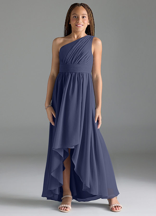 Azazie Mathilda Junior Robe Trapèze en Mousseline de soie Plissée Bleu Orageux image1