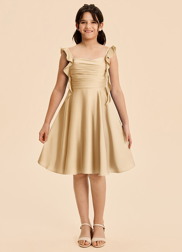 Azazie Kira Junior A-Linie Gestreift Stretch-Satin Kleid Gold image1