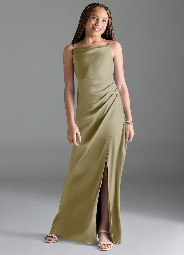 Azazie Leonis Junior Robe Trapèze en Satin extensible Plissée Vert Mousse image1
