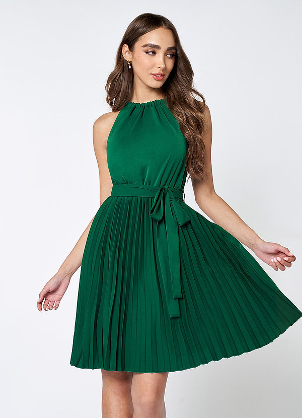 Dark Emerald Love And Chic Dark Emerald Halter Pleated Mini Dress 